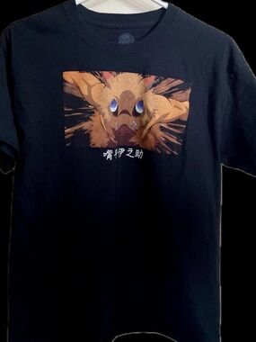 Black Anime Graphic Tee Demon Slayer Kimetsu no Yaiba with Brown Character Print